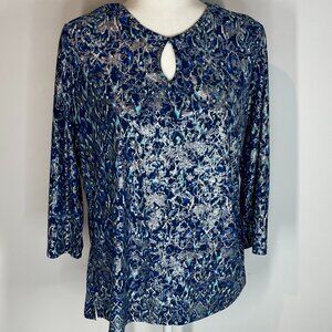 Emily Daniels Blue Printed Blouse with Silver Accents size Large Petite